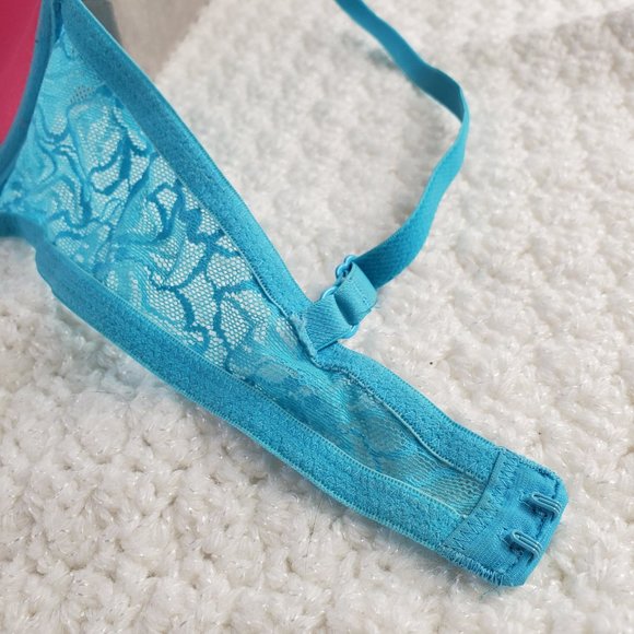 LaSenza REMIX Push Up Plunge Bra: Cyan Blue Lace with Hot Pink Lining - Picture 3 of 8